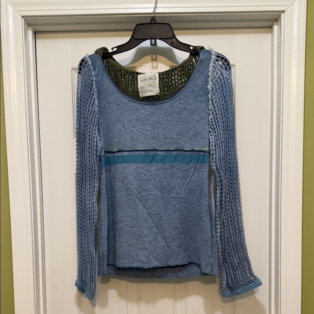 Free People We The Free Mixed Knit Hooded Top Blue & Olive Crochet Sleeves – S